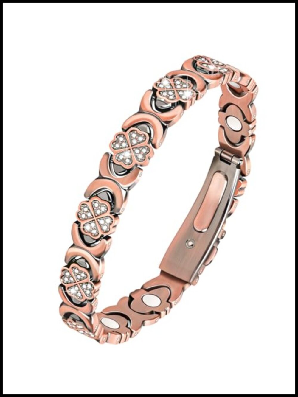 99.9% Pure Copper Magnetic Bracelet 3800 Gauss Adjustable Four-Leaf Clover CZ